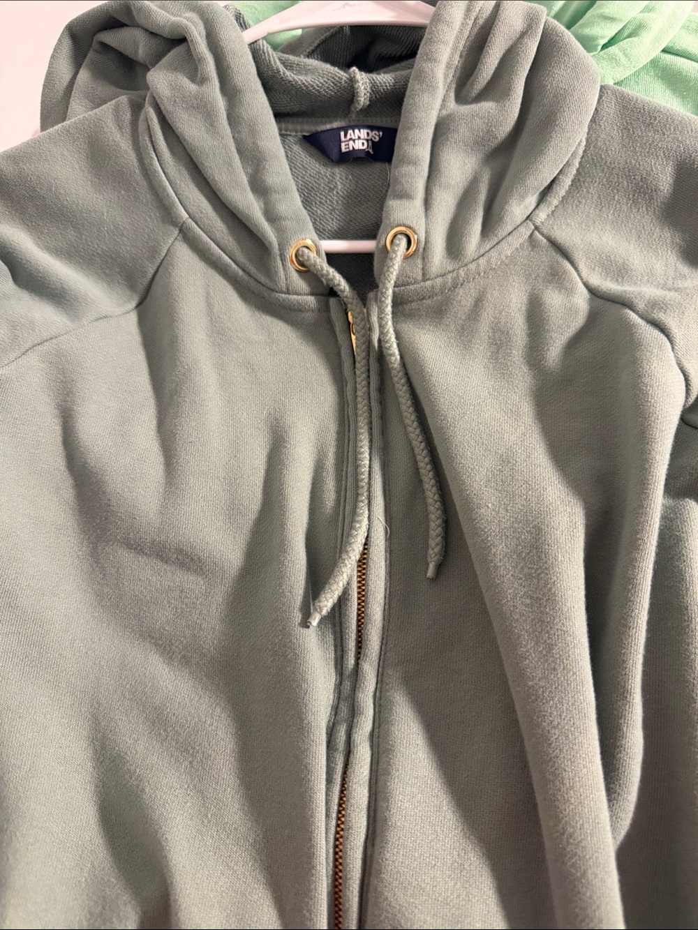 Lands' End Light Sage Full-Zip Hoodie with Drawstring Hood